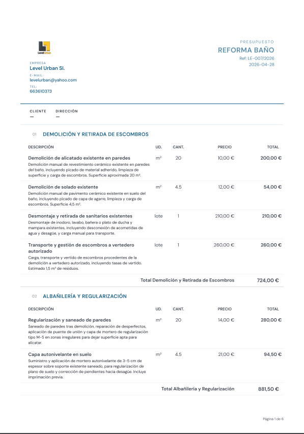 Ejemplo de PDF profesional generado por Levi: presupuesto reforma baño con 9 capítulos y total 10.577,52€